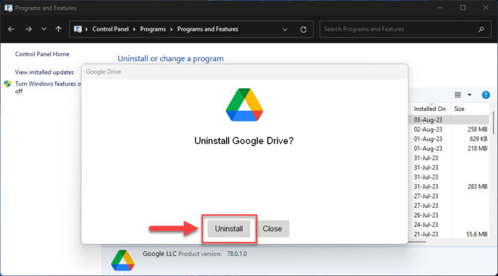 Uninstall Google Drive for desktop