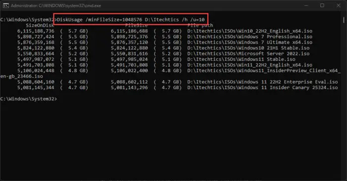 DiskUsage: Check Disk Space In Windows 11 Using Command Line 4 View disk usage for top items greater than the specified size