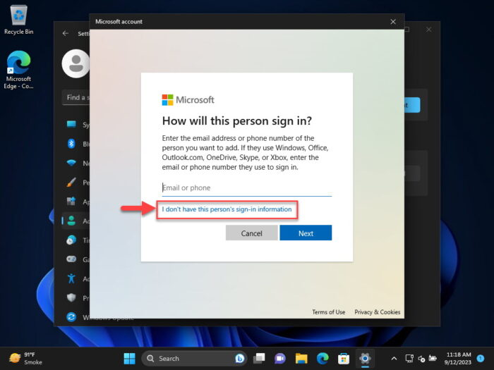 Bypass Microsoft account sign in information