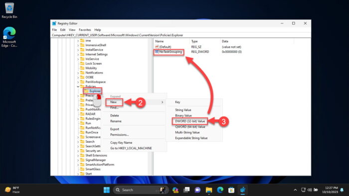 Create the NoTaskGrouping DWORD