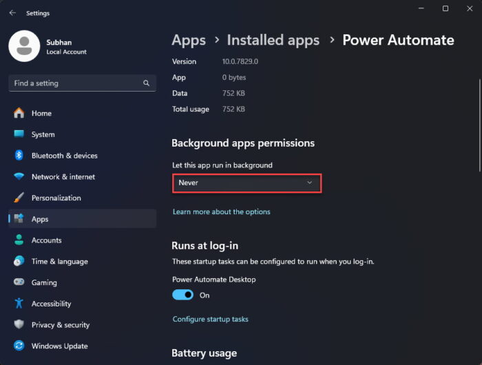 Disable app from running in the background from the Power and battery Settings