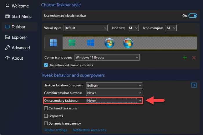 Disable icon grouping on secondary taskbars using StartAllBack