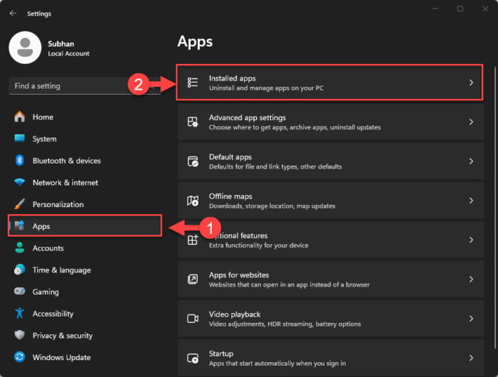 Open the Installed Apps Settings page