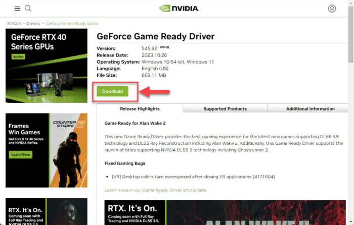 Open the download page for the Game Ready driver