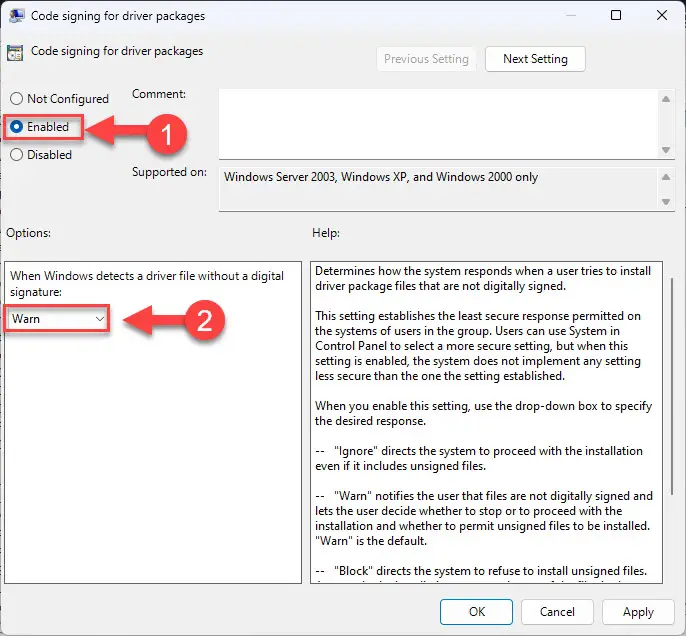 Disable the driver signature enforcement using Group Policy