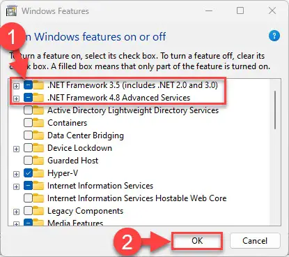 Enable NET Framework versions from Optional Features