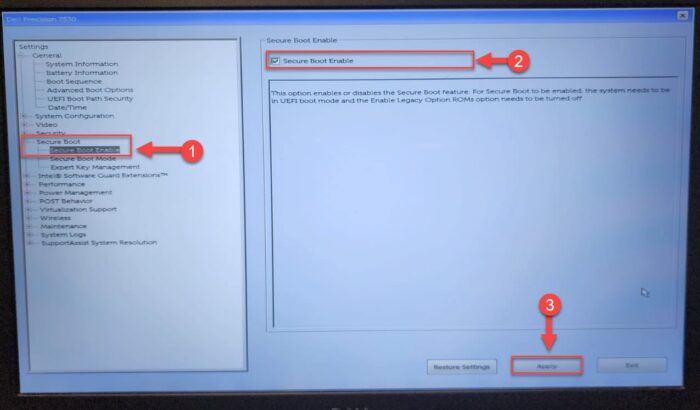 Enable Secure Boot from BIOS