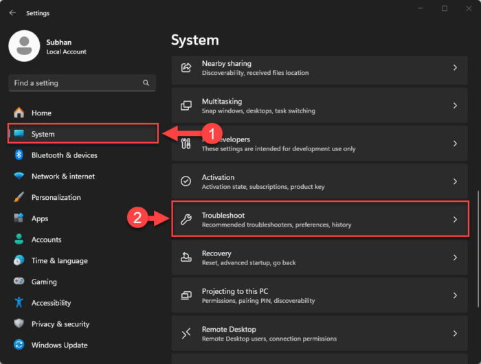 Open Troubleshooter settings page