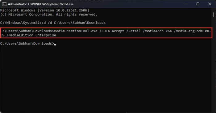 Run Media Creation Tool to download Windows 11 23H2 Enterprise from Command Prompt
