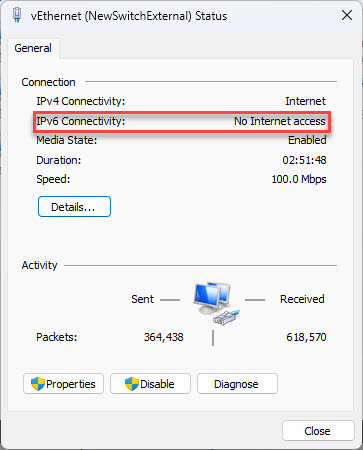 IPv6 network status displaying No Internet access