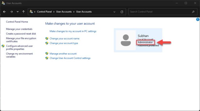 5 Ways To Check If Your Account Has Admin Rights On Windows 4 Checkk type of user account from the Control Panel