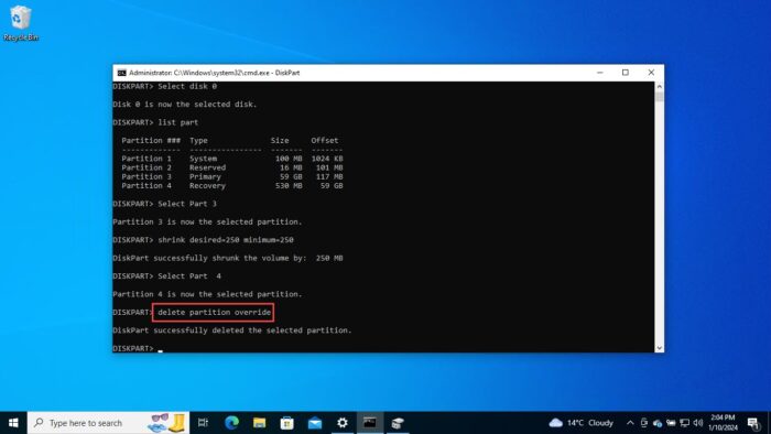 Delete existing Windows recovery partition from Command Prompt