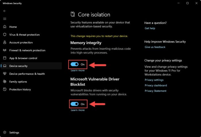 Enable Memory Integrity and Microsoft Vulnerable Driver Blocklist