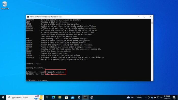 Enable Windows Recovery Environment