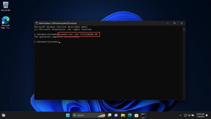 Enable test mode from Command Prompt
