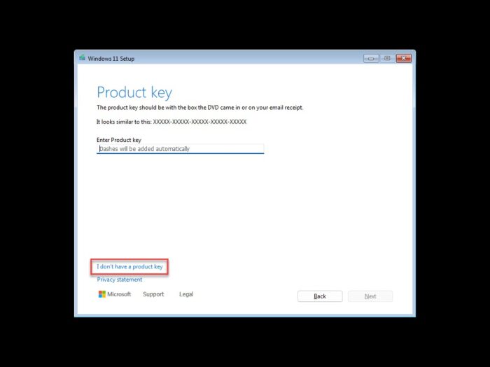 Enter Windows product key or skip