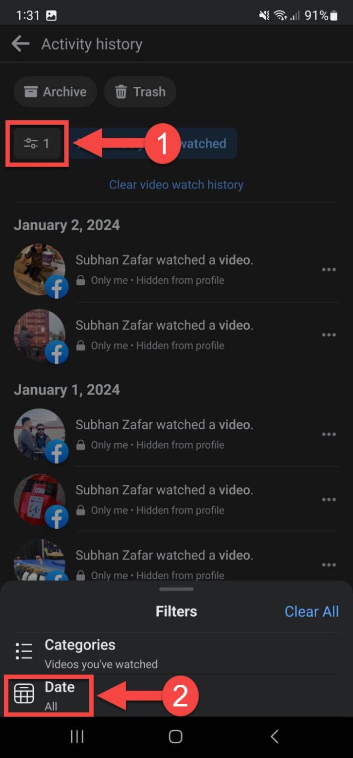 Filter activity log for watched videos using date