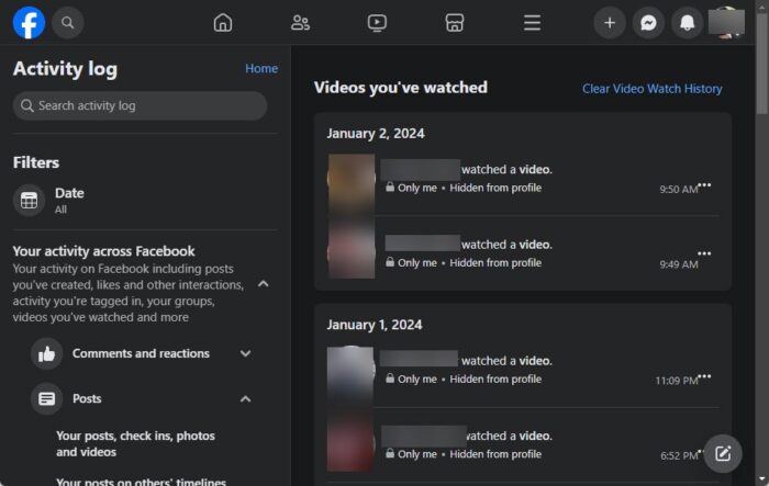 Find watched videos on Facebook through browser