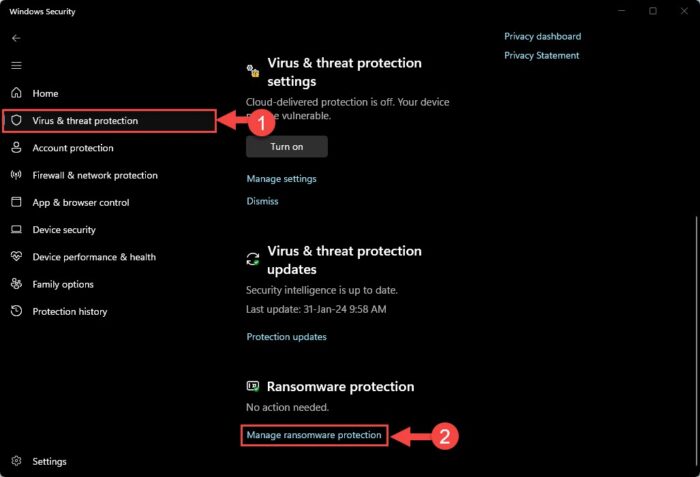 Open ransomware protection settings