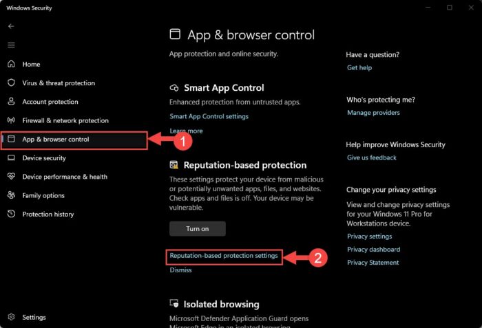 Open reputation based protection settings