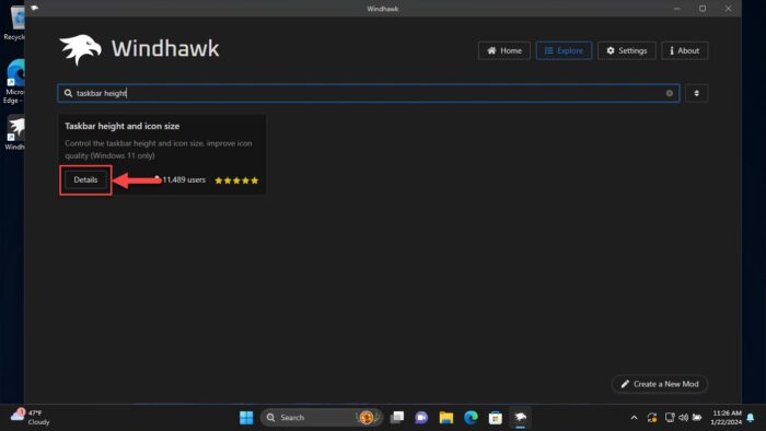Open taskbar height and icon size mod details in WindHawk