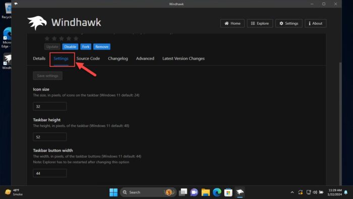 Open taskbar height and icon size settings