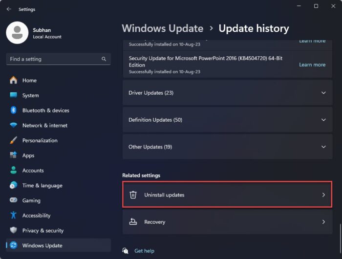 Open uninstall Windows update Settings page
