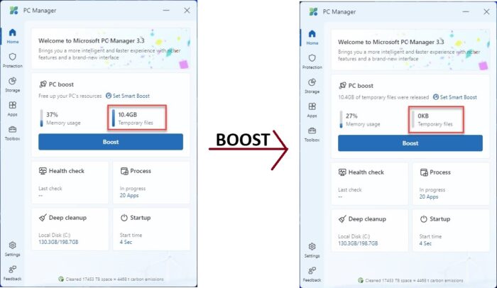 Before and after boosting PC with PC Manager