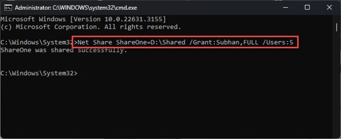 Create shared folder with max concurrent user limit in Command Prompt