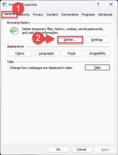 Delete browsing history from internet properties