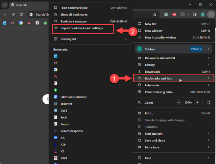 Import bookmarks and settings to Chrome