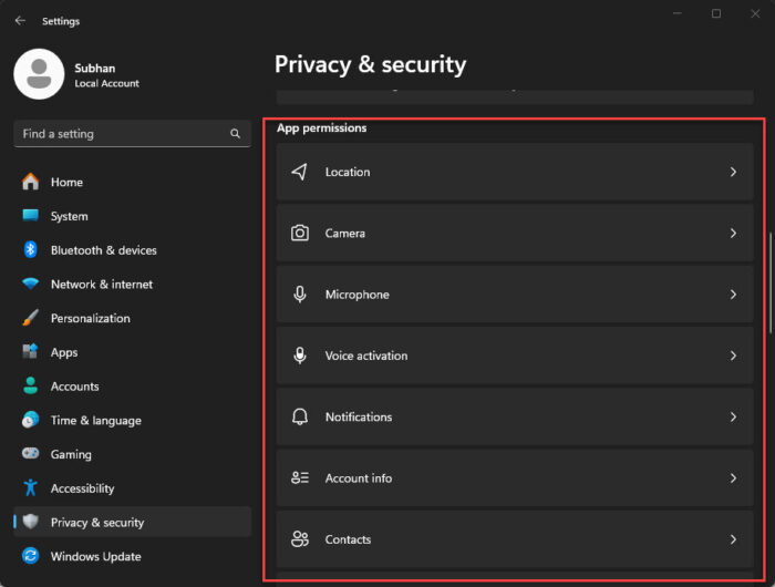 Manage app permissions from Windows Settings