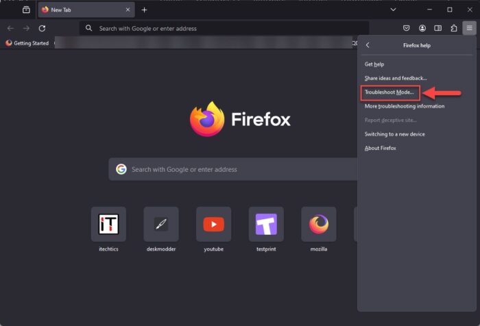 Open Troubleshoot Mode in Firefox