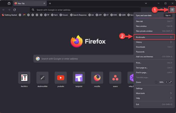 Open bookmarks menu in Firefox