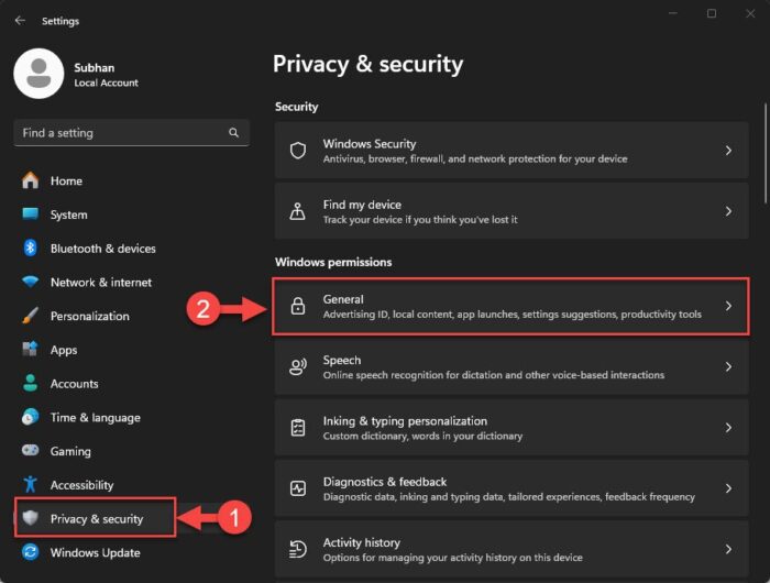 Open general privacy settings