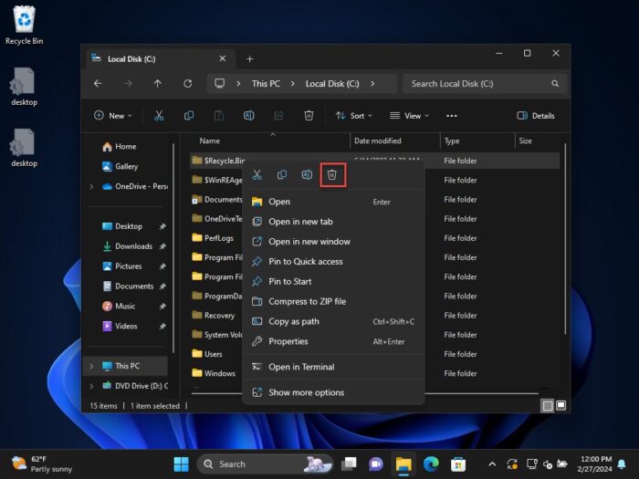 RECYCLE BIN hidden folder can be deleted