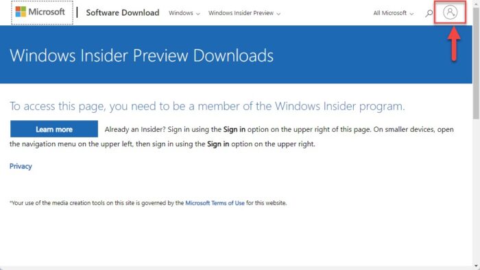 Sign into Windows Insider Preview Downloads