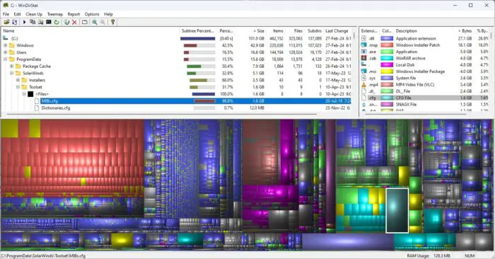 WinDirStat displaying storage results