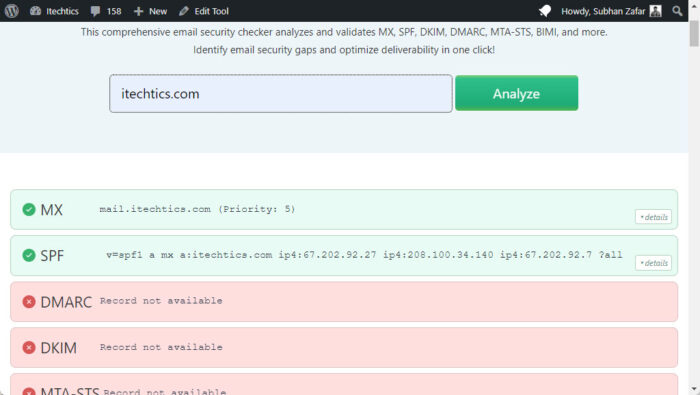 Check SPF record using Email Security and Deliverability Checker