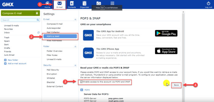 IMAP, POP3, And SMTP Settings For All Major Email Service Providers 4 Enable POP and IMAP for GMX account