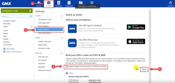 Enable POP and IMAP for GMX account